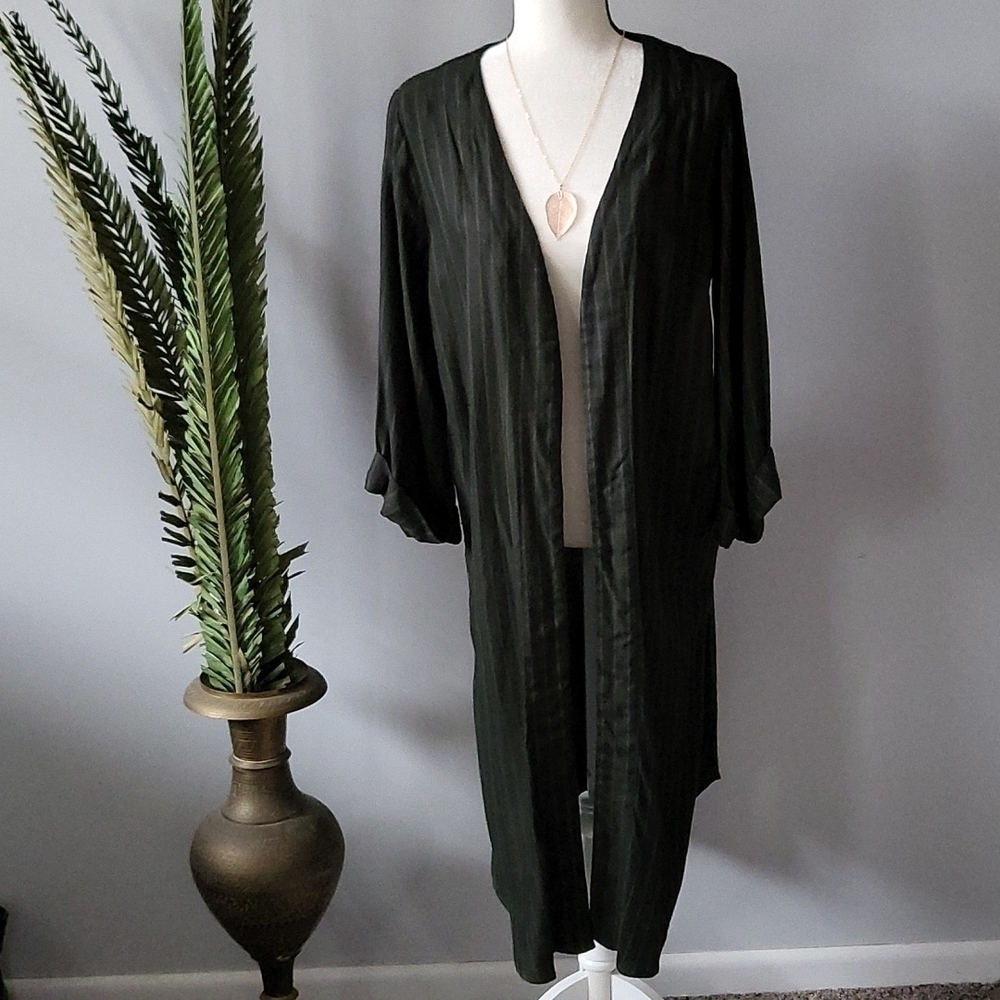 Socialite semi sheer olive green pinstriped lightweight duster/open cardigan NWT - Picture 2 of 11
